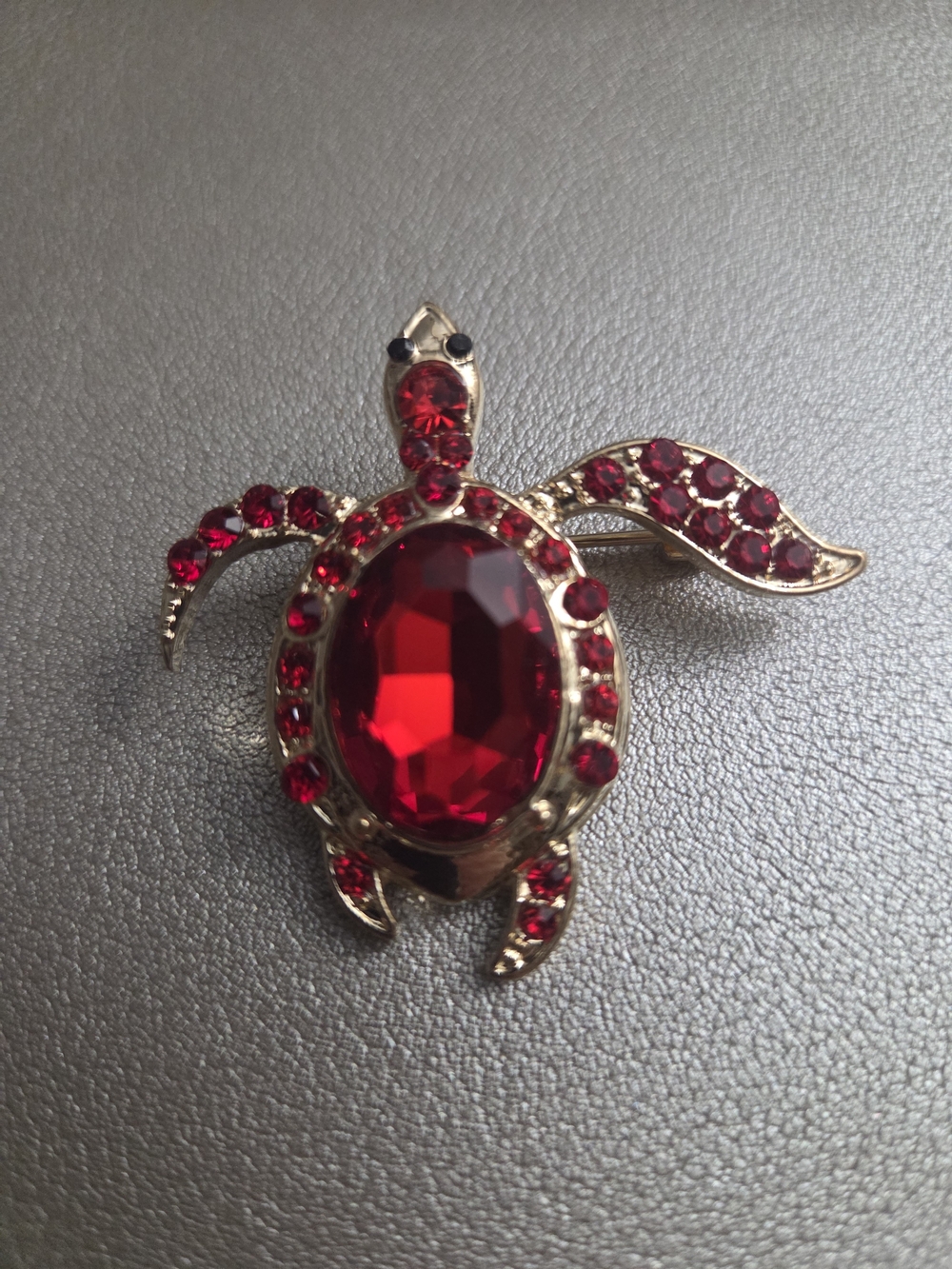 Gold-Tone Red Crystal Turtle Brooch